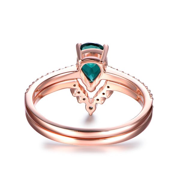 Pear Emerald Curved Diamond Wedding Bridal Set 14k Rose Gold - Lord of Gem Rings