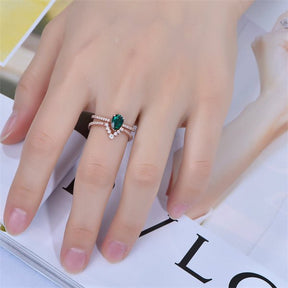 Pear Emerald Curved Diamond Wedding Bridal Set 14k Rose Gold - Lord of Gem Rings