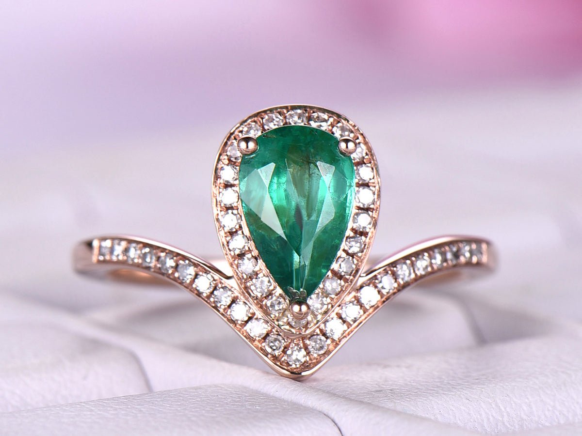 Pear Emerald Diamond Accents Bud Ring 14K Rose Gold - Lord of Gem Rings