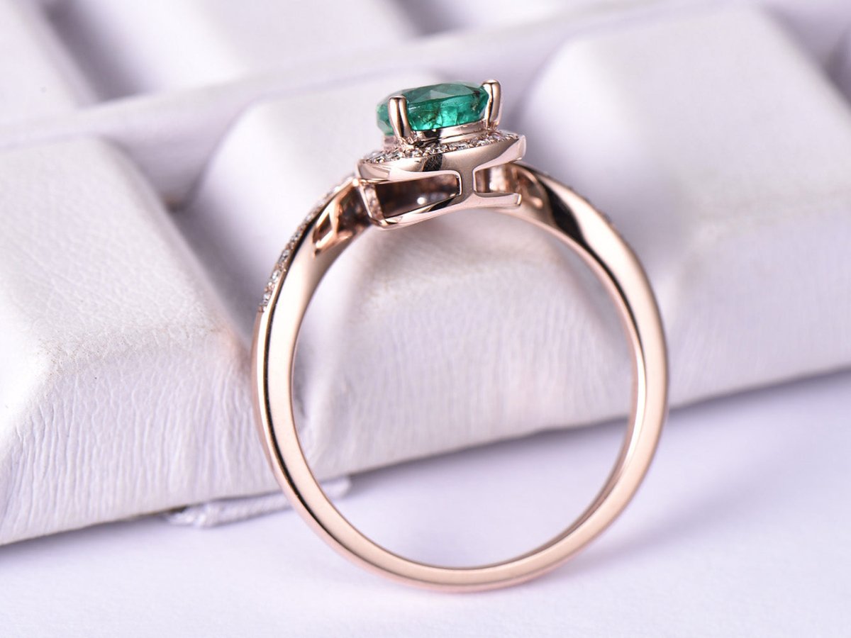 Pear Emerald Diamond Accents Bud Ring 14K Rose Gold - Lord of Gem Rings