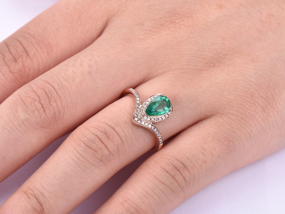 Pear Emerald Diamond Accents Bud Ring 14K Rose Gold - Lord of Gem Rings