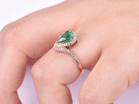 Pear Emerald Diamond Accents Bud Ring 14K Rose Gold - Lord of Gem Rings