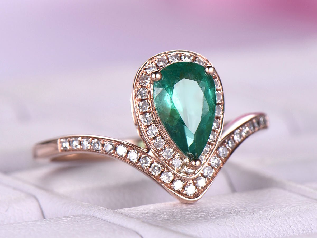 Pear Emerald Diamond Accents Bud Ring 14K Rose Gold - Lord of Gem Rings