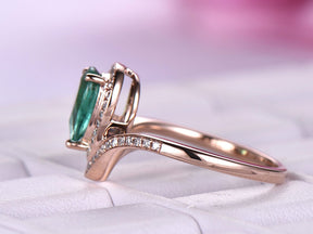 Pear Emerald Diamond Accents Bud Ring 14K Rose Gold - Lord of Gem Rings