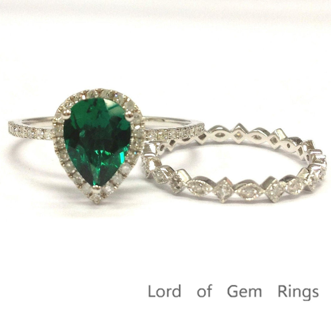 Pear Emerald Diamond Art Deco Bridal Set 14K White Gold - Lord of Gem Rings
