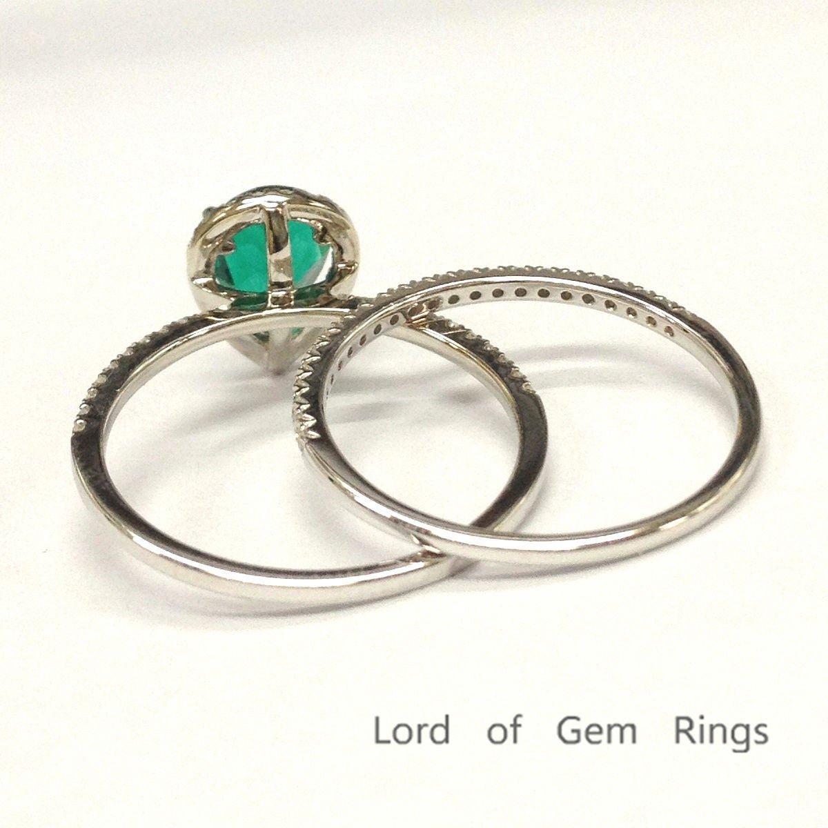 Pear Emerald Diamond Bridal Set 14K White Gold - Lord of Gem Rings