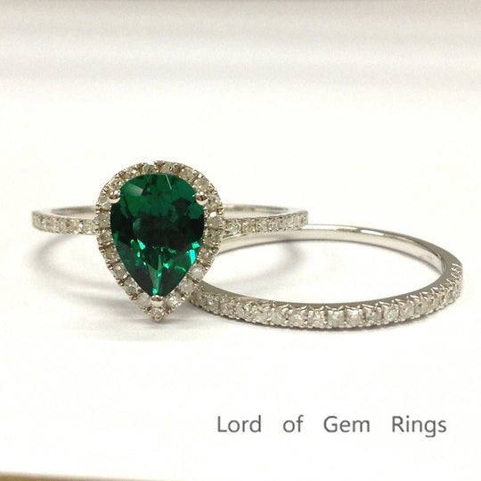 Pear Emerald Diamond Bridal Set 14K White Gold