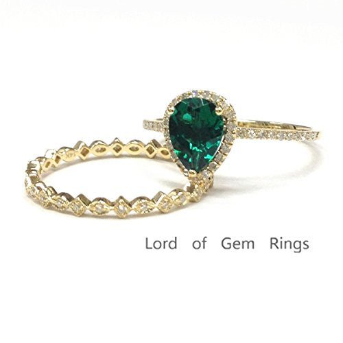 Pear Emerald Diamond Bridal Set 14K Yellow Gold
