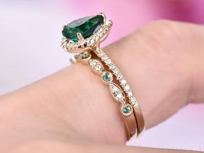 Pear Emerald Diamond Bridal Set Birthstone Art Deco band 14k Yellow Gold - Lord of Gem Rings