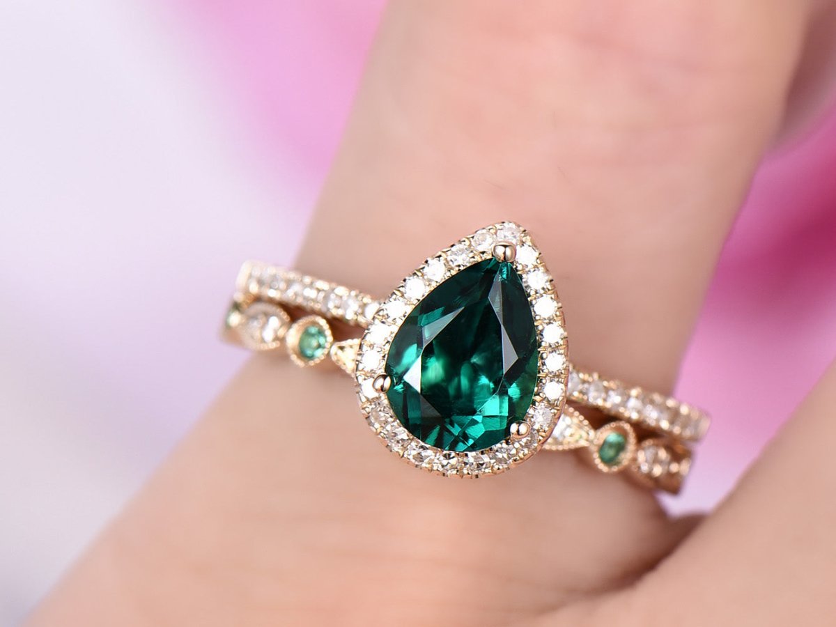 Pear Emerald Diamond Bridal Set Birthstone Art Deco band 14k Yellow Gold - Lord of Gem Rings