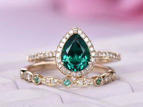 Pear Emerald Diamond Bridal Set Birthstone Art Deco band 14k Yellow Gold - Lord of Gem Rings