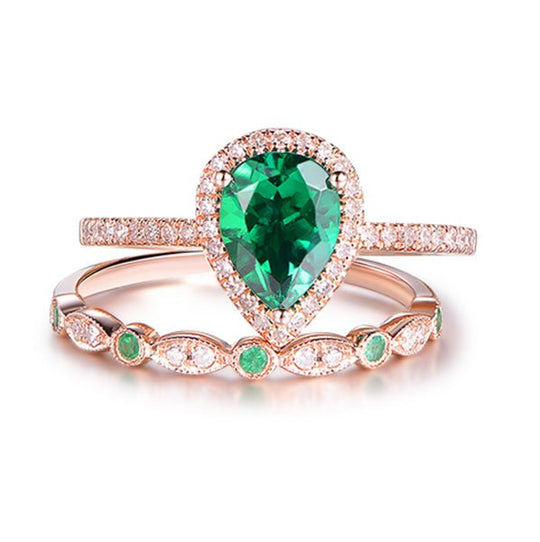 Pear Emerald Diamond Bridal Set Birthstone Art Deco band 14k Yellow Gold