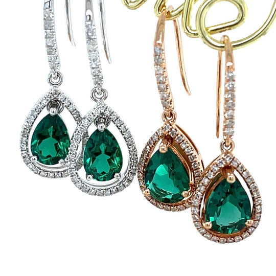 Pear Emerald Diamond Dangle Hook Earrings 14K Yellow gold