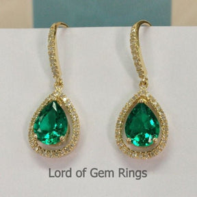 Pear Emerald Diamond Dangle Hook Earrings 14K Yellow gold - Lord of Gem Rings
