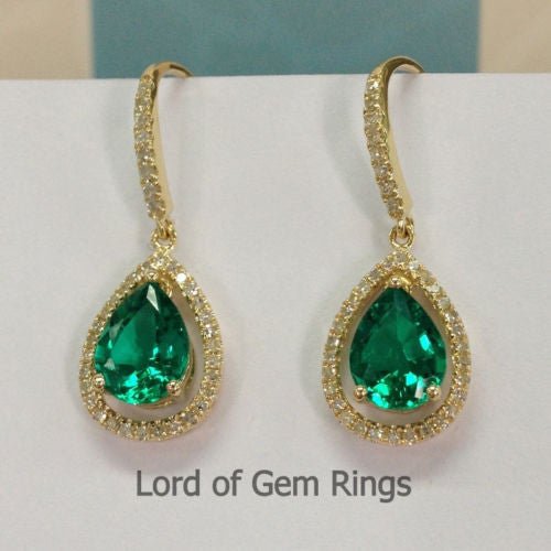 Pear Emerald Diamond Dangle Hook Earrings 14K Yellow gold - Lord of Gem Rings