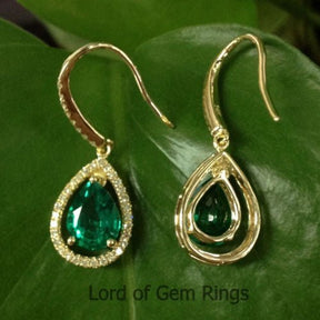 Pear Emerald Diamond Dangle Hook Earrings 14K Yellow gold - Lord of Gem Rings