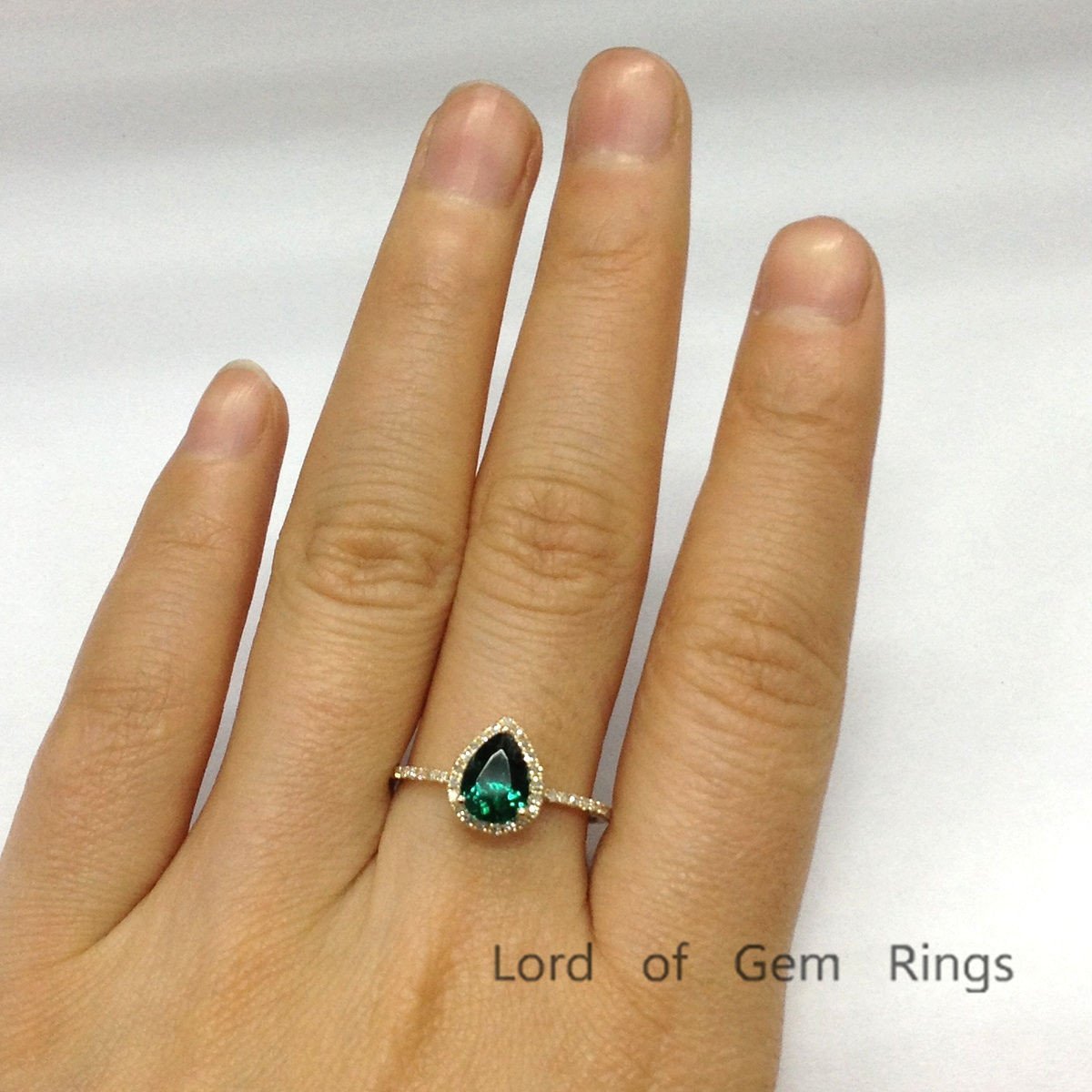 Pear Emerald Diamond Halo Engagement Ring 14K White Gold - Lord of Gem Rings