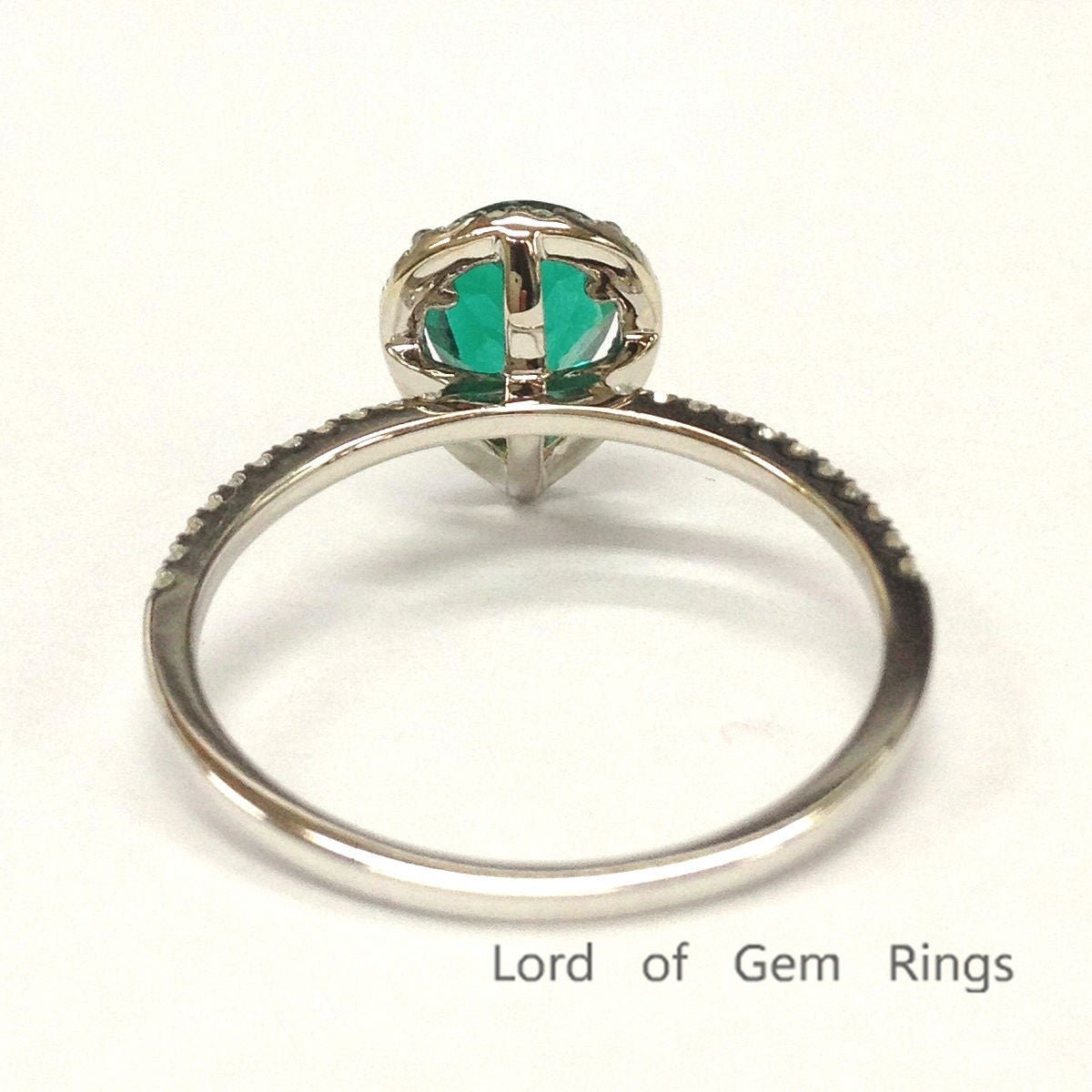 Pear Emerald Diamond Halo Engagement Ring 14K White Gold - Lord of Gem Rings