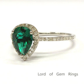 Pear Emerald Diamond Halo Engagement Ring 14K White Gold - Lord of Gem Rings