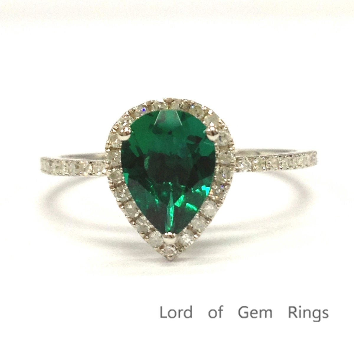 Pear Emerald Diamond Halo Engagement Ring 14K White Gold - Lord of Gem Rings