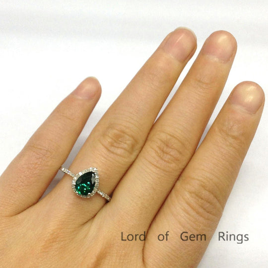 Pear Emerald Diamond Halo Engagement Ring 14K White Gold