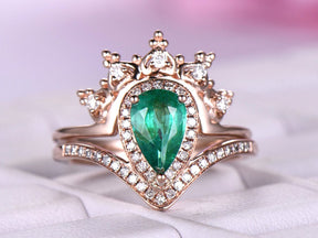 Pear Emerald Diamond Tiara Moissanite Bridal Set 14K Rose Gold - Lord of Gem Rings