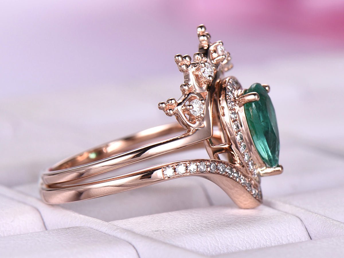 Pear Emerald Diamond Tiara Moissanite Bridal Set 14K Rose Gold - Lord of Gem Rings