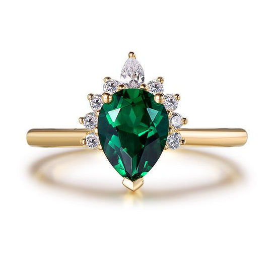 Pear Emerald Moissanite Engagement Ring 14K Yellow Gold