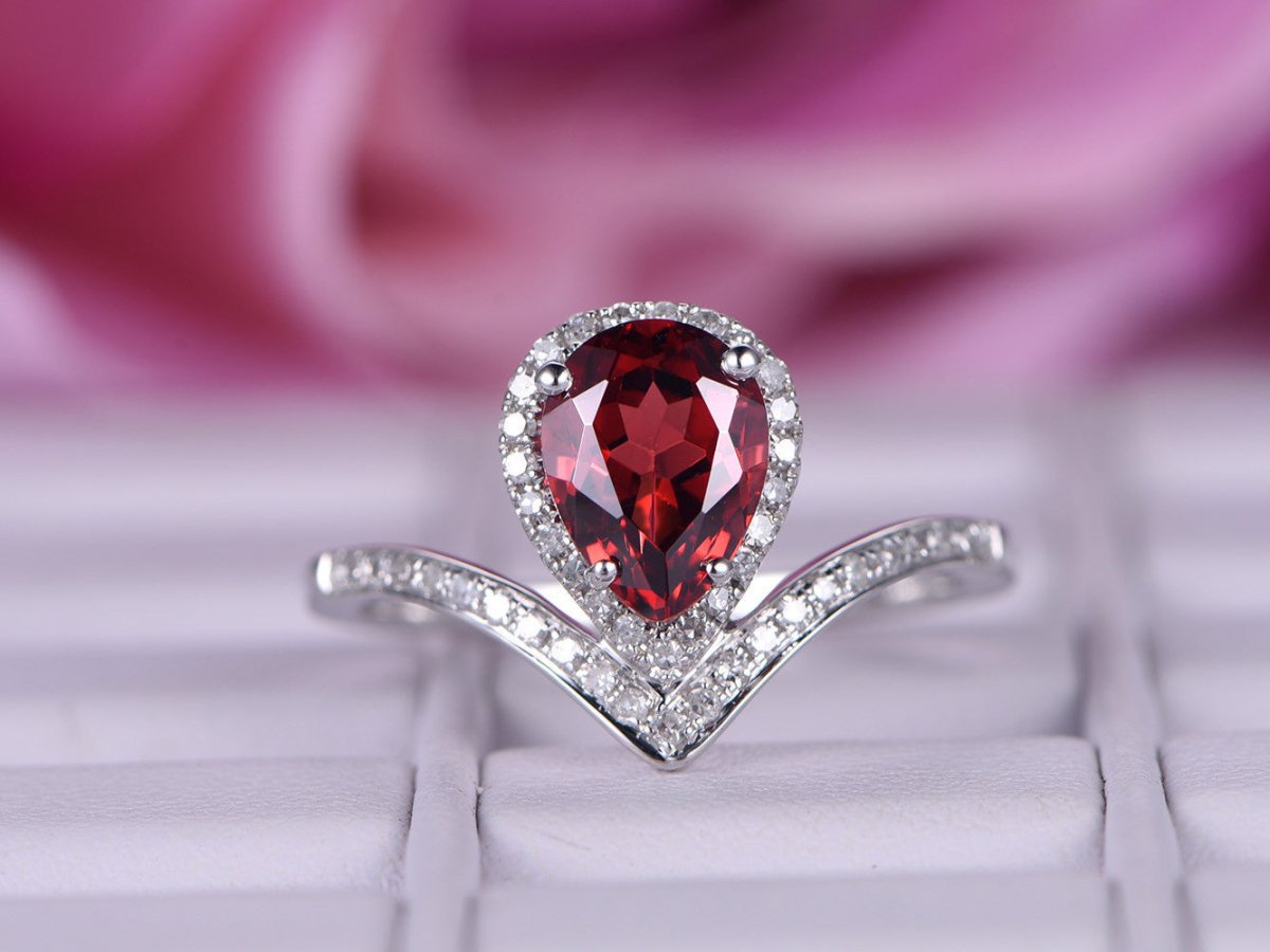 Pear Garnet Diamond Accents Bud Ring 14K White Gold - Lord of Gem Rings