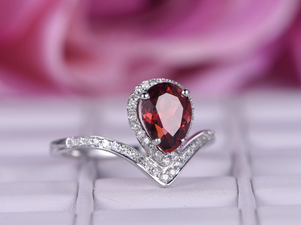 Pear Garnet Diamond Accents Bud Ring 14K White Gold - Lord of Gem Rings