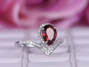 Pear Garnet Diamond Accents Bud Ring 14K White Gold - Lord of Gem Rings