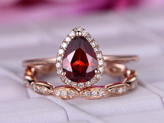 Pear Garnet Diamond Art Deco Bridal Set 14K Rose Gold