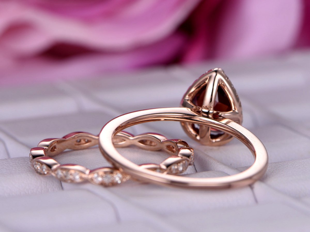 Pear Garnet Diamond Art Deco Bridal Set 14K Rose Gold - Lord of Gem Rings
