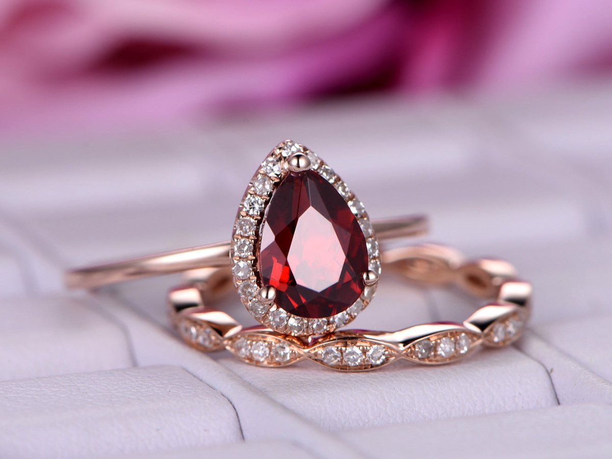 Pear Garnet Diamond Art Deco Bridal Set 14K Rose Gold - Lord of Gem Rings