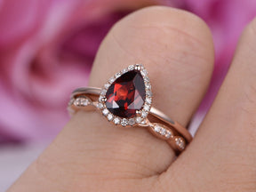 Pear Garnet Diamond Art Deco Bridal Set 14K Rose Gold - Lord of Gem Rings