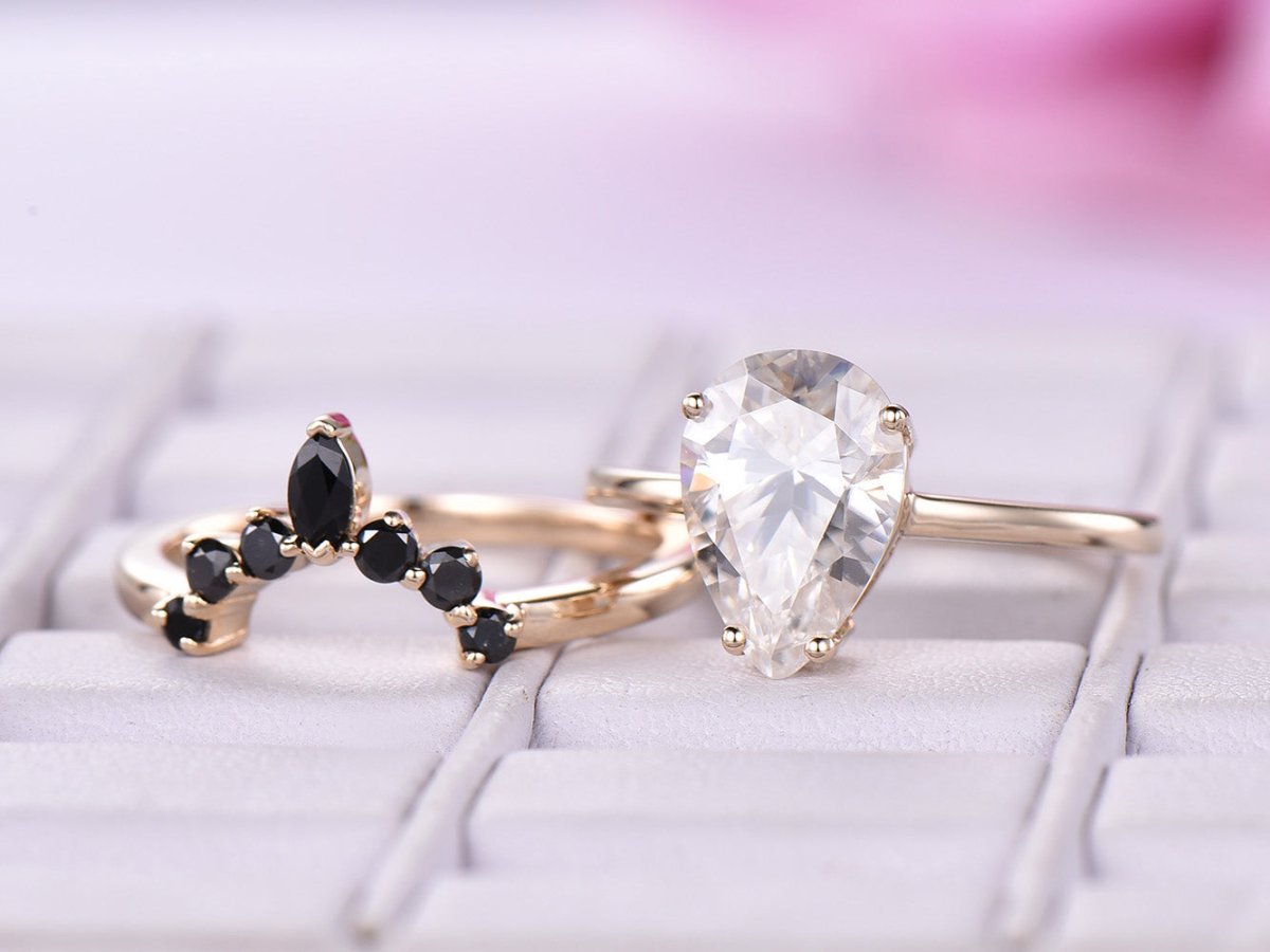 Pear Moissanite Bridal Set with Tiara Black Onyx Band - Lord of Gem Rings