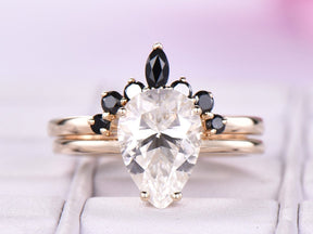 Pear Moissanite Bridal Set with Tiara Black Onyx Band - Lord of Gem Rings