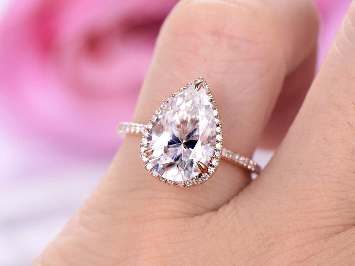 Pear Moissanite Halo Ring with Diamond Accents - Lord of Gem Rings