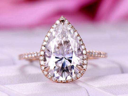 Pear Moissanite Halo Ring with Diamond Accents