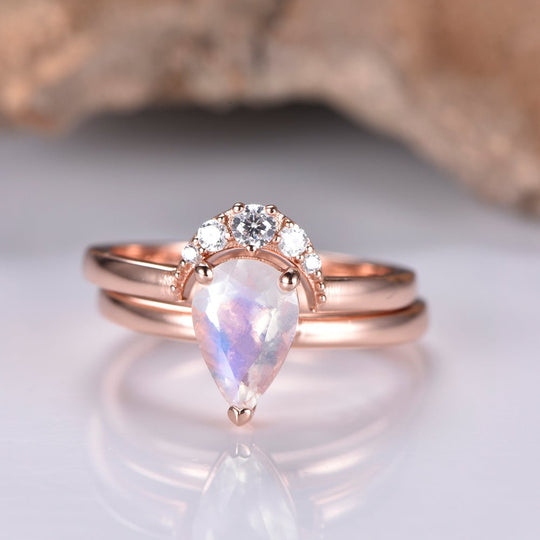 Pear Moonstone Crescent Diamond Band Bridal Set 14K Rose Gold