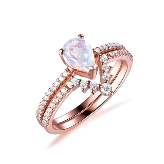 Pear Moonstone Curved Diamond Wedding Bridal Set