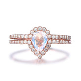 Pear Moonstone Half Halo Curved Diamond Wedding Bridal Set - Lord of Gem Rings