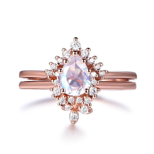 Pear Moonstone Half Halo Diamond Chevron Band Tiara Bridal Set