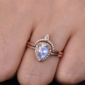 Pear Moonstone Halo Ring Diamond Comfort Fit Band Bridal Set - Lord of Gem Rings