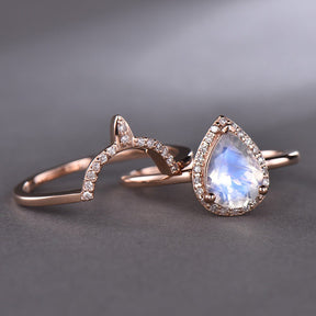 Pear Moonstone Halo Ring Diamond Comfort Fit Band Bridal Set - Lord of Gem Rings