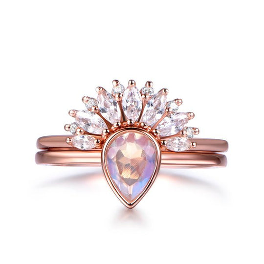 Pear Moonstone Marquise Diamond Peacock Open Train Wedding Band Bridal Set