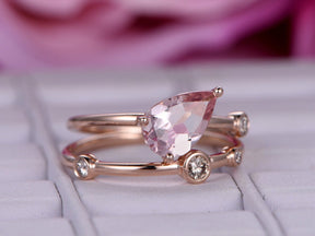 Pear Morganite Diamond Bubble Bridal Set 14K Rose Gold - Lord of Gem Rings