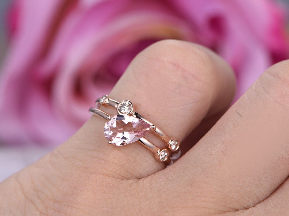 Pear Morganite Diamond Bubble Bridal Set 14K Rose Gold - Lord of Gem Rings