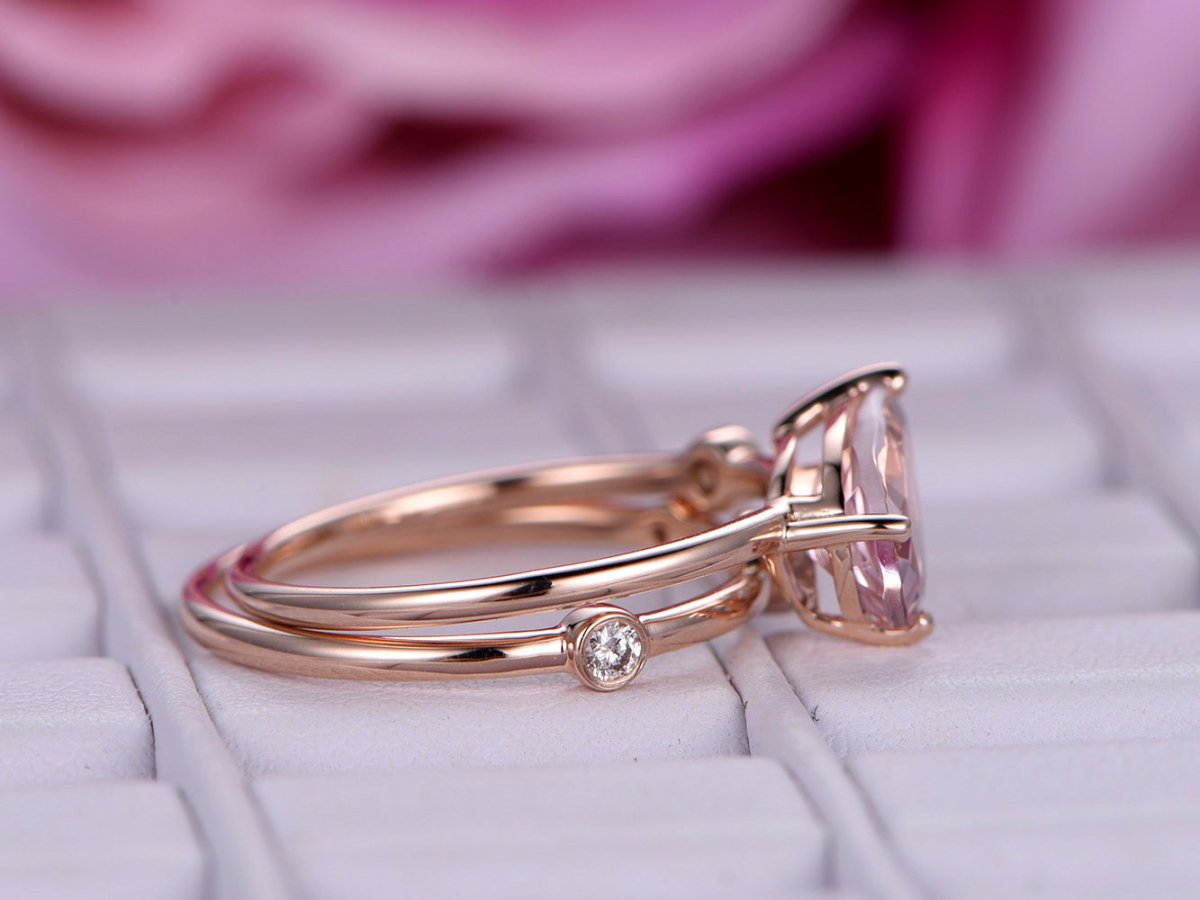 Pear Morganite Diamond Bubble Bridal Set 14K Rose Gold - Lord of Gem Rings
