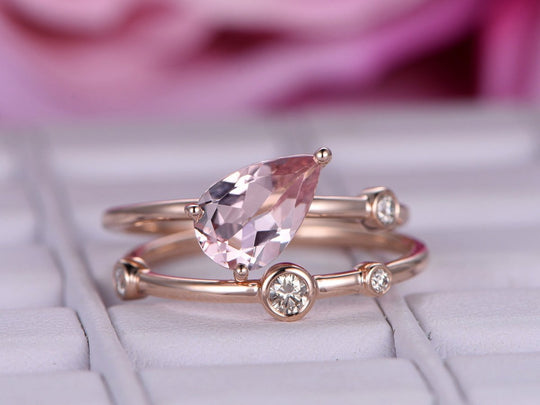 Pear Morganite Diamond Bubble Bridal Set 14K Rose Gold